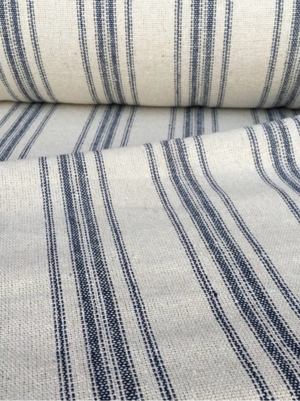 Vintage inspired Grain Sack Fabric Yard Blue Ivory Striped Natural 70% Cotton